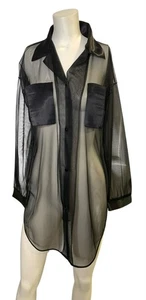 VTG Y2K Grunge Goth Nite Images Mesh Sheer Black Button-Up Shirt Satin Pockets M - Picture 1 of 6