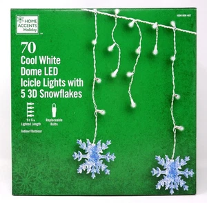 Home Accents Holiday 70 Cool White Dome Icicle Lights With "5" 3D Snowflakes NEW - Picture 1 of 5