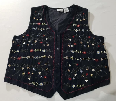 复古 Y2K 复古 90 年代 Bobbie Brooks XL 花卉刺绣灯芯绒背心纽扣 — 第 1/4 张图片