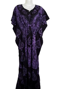 J GEE caftano batik viola e nero, 2X/3x 100% cotone abbigliamento resort vacay vintage - Foto 1 di 3