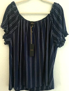 W5 Anthropologie Womens Navy Striped Peasant Top Blouse Short Sleeve Sz 2XL NWT - Picture 1 of 6