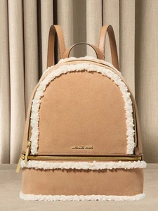 Michael Kors Rhea Medium Rucksack Damen Leder Wildleder Kunstleder Lammfellimitat Tasche Peanut - Bild 1 von 13
