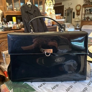 Beijo Negro Charol Brillante Grande Asa Superior Bolso Cartera Maletín Bolso - Imagen 1 de 13