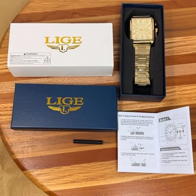 Lige Mens Gold Tone Square Stainless Steel Watch Classic Traditional Open Box - Image 1 of 4