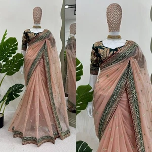 Blusa sari de seda nupcial de diseñador Sari Bollywood boda fiesta india ropa sari - Imagen 1 de 9