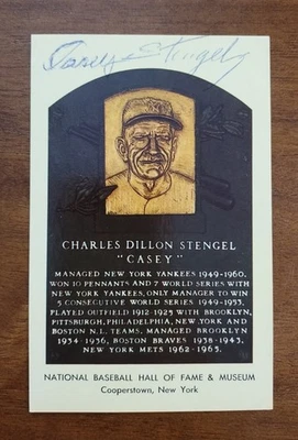 JSA CASEY STENGEL 2X SIGNED AUTO GOLD HOF PLAQUE POSTCARD NEW YORK YANKEES METS - Image 1 of 2