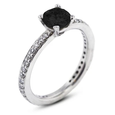 3.68ct Black Round Natural Certified Diamonds 14k Gold Classic Side Stone Ring - Image 1 of 4