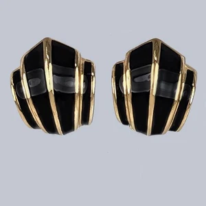 Vintage Christian Dior Black Enamel Clip On Earrings Shell Fan Gold Tone 1980s - Picture 1 of 5