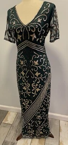 BABEYOND MAXI DRESS SIZE SMALL DARK GREEN GOLD SEQUIN 1920s GREAT GATSBY PARTY - Picture 1 of 9