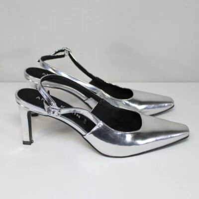 Zapatos de tacón Anne Klein Rosel para mujer talla 6 plateados con hebilla Iflex cabestrillo gatito Foto 1 de 4