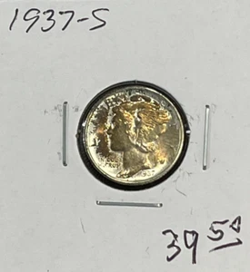 1937-S Mercury Silver Dime BU Toning - Picture 1 of 2