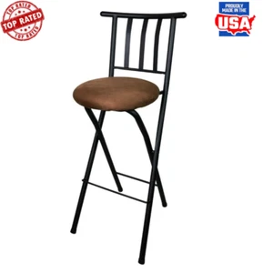 29" Metal Folding Stool W/ Slat Back Brown Microfiber Seat Foldable Design New - Picture 1 of 6