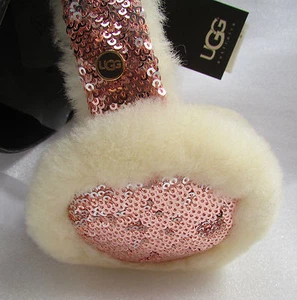 UGG Wired Earmuffs Tech Sand Shearling Pink Silver Sequins New - Picture 1 of 9