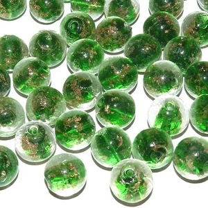 G4119a Green in Clear w Gold Sparkles 15mm Round Lampwork Glass Beads 10pc - Picture 1 of 2