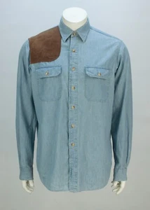 Polo Ralph Lauren Shooting Suede Shoulder Button Up Long Sleeve Chambray Shirt L - Picture 1 of 5