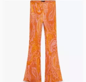 Zara Jacquard Flared Knit Pull On Elastic Waist Pants Orange Paisley Size Small - Picture 1 of 3