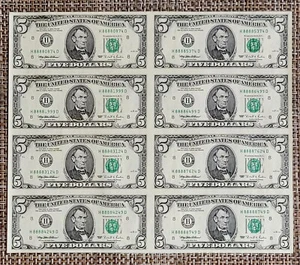 $5 Prosperity Sheet "8888" 1995 H-D Series - "8" $5 dollar bills sheet uncut - Picture 1 of 15
