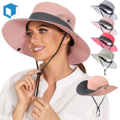 Sombrero para el sol de verano para mujer Boonie cubo cola de caballo ala ancha gorra de viaje protección UV Foto 1 de 4