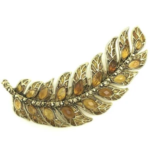 Broche Hoja Pluma Monet Topacio Estrás Esmalte Tono Dorado De Colección - Imagen 1 de 12