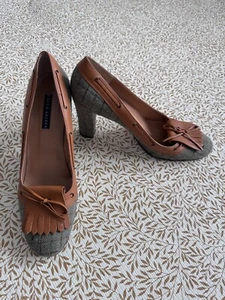 Ralph Lauren Size UK 7 US 9 Tweed Brogue Court Heels Brown Green Tartan Check - Picture 1 of 11