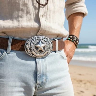 男式女式银色金属皮带扣西部时尚牛仔德克萨斯州孤星 — 第 1/4 张图片