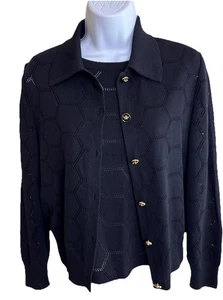 St. John Sport By Marie Gray Black Wool Blend Button Knit Cardigan & Tank Petite - Picture 1 of 7