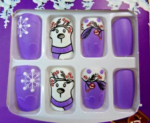 Christmas Nails Matte Purple Winter snowflake Polar Bear GLUE ON Medium - Picture 1 of 3