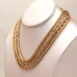 Vintage Antiqued Gold Thick Multi-Chain 7 Stands Choker Necklace Ornate Clasp - Picture 1 of 14