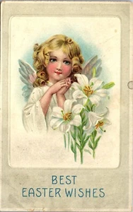 Vintage Easter Postcard ~ Little Girl with Ringlets in Hair & Lily Flowers 1909 - Picture 1 of 3