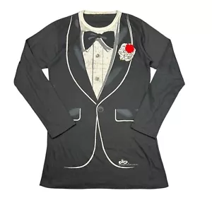 Vintage 70s Tuxedo Novelty Long Sleeve Tee T-Shirt Embellished Black Adult Small - Picture 1 of 7