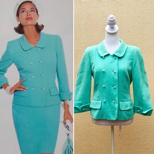 Escada Margaretha Ley vintage turquoise Peter Pan collar pearl buttons blazer - Picture 1 of 10