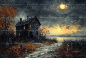 IMPRESIÓN DE ARTE DE CASA GÓTICA, decoración de Halloween de fantasía oscura, póster de hogar embrujado en el lago - Imagen 1 de 2