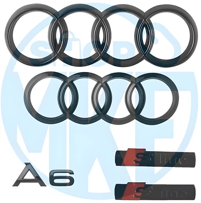 PREMIUM AFTERMARKET Set completo di distintivi neri lucidi Audi A6 (Audi anello A6 Sline) emblema posteriore anteriore