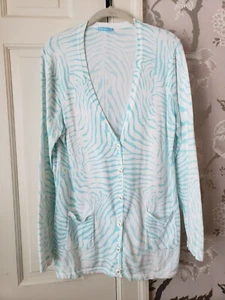 J McLaughlin White Aqua Tiger Stripe Cardigan Sweater L Button Frt V-Neck Cotton - Picture 1 of 12