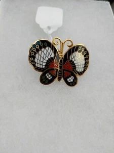 Vintage Enamel Butterfly Brooch C Clasp brass color + Black Red White ~ 1 1/2" - Picture 1 of 7