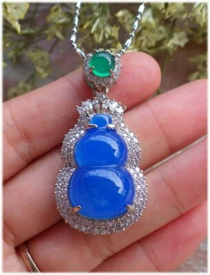 White Gold Plate Green Blue AGATE JADE PENDANT Gourd Diamond Imitation 390684 - Image 1 of 4
