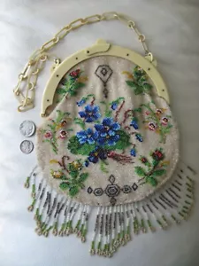 Antique Bakelite Celluloid Frame Chain Handle Lined Floral Fringe Bead Purse - Picture 1 of 19