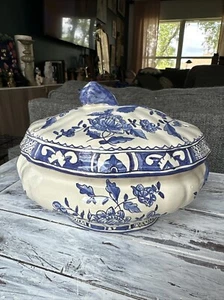 Vtg. Blue & White Chinoiserie Porcelain Tureen Covered Dish 6” X 9” Portugal - Picture 1 of 19