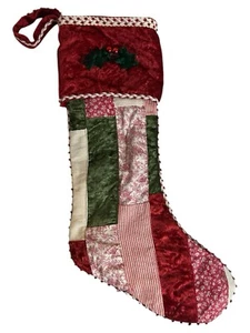 Vintage Christmas Stocking 20” Velvet Patchwork Red White Green Holly Berries - Picture 1 of 8