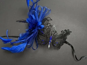 Women's Black Swan Laser Cut Masquerade Metal Mask Blue Rhinestones Feathers - Picture 1 of 3