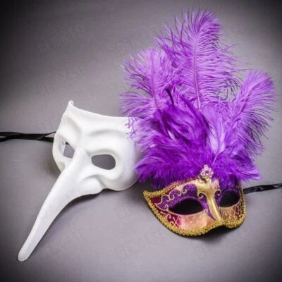 Masks for Couple Cosplay Masquerade Party White Long Nose Bird Feather Mask Gold - Image 1 of 3