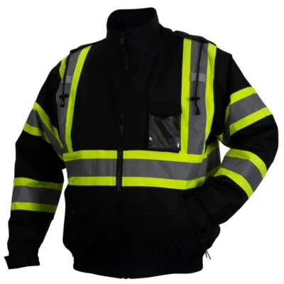 BLACK HIGH VISIBILITY INSULATED HI VIS REFLECTIVE ROAD WORK SAFETY BOMBER JACKET - Image 1 of 4