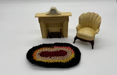 Vtg Renwal Doll Furniture Mini Fireplace Clock Handmade Braided Rug Chair - Image 1 of 4