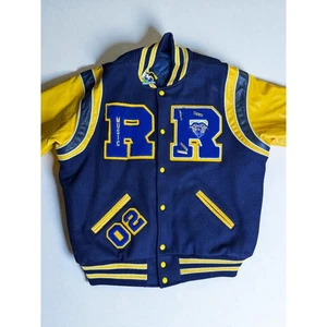 Vintage Varsity Rams Letterman Jacket Pins Y2K 2002 Blue Yellow Men's XL - Picture 1 of 8