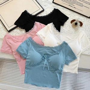 Cute Cropped Summer Tops for Women in Korean Fashion featuring Bow Lace Accents - Picture 1 of 28
