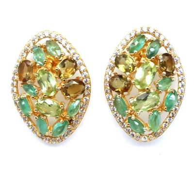 Thai Handmade 3 x 5 mm. Green Peridot, Emerald, Tourmaline & Zircon Earrings - Image 1 of 4