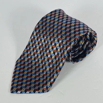 "Corbata de cuello Paul Frederick 100 % seda azul/oro/cobre patrón de cubo 3 9/16""" Foto 1 de 4
