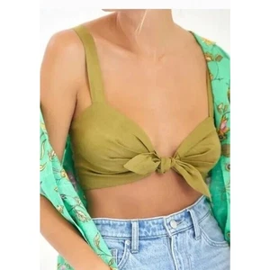 Maeve M Leinen BH Top olivgrün vorne zum Binden gesmokt hinten Crop Anthropologie NEU - Bild 1 von 9
