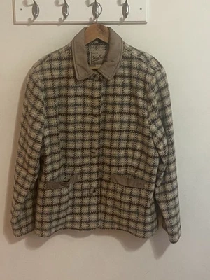 Vtg Woolrich Jacket Wool Leather Plaid Beige Neutral Wms Size L Made USA 8845 - Image 1 of 4