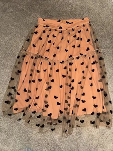 Whimsigoth Peach Tiered Skirt Sheer Black Velvet Hearts Overlay A Line Lg Y2K - Picture 1 of 7